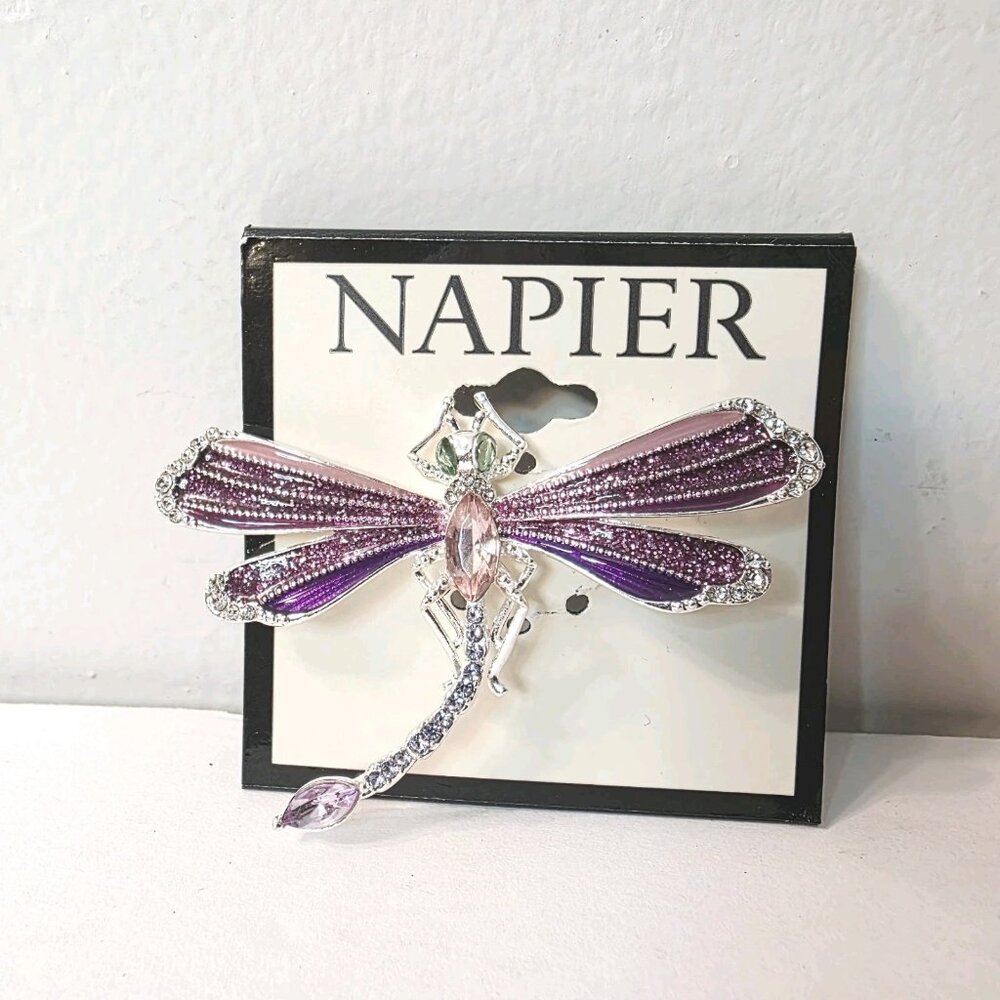 Napier Jewelry Purple Rhinestones Enamel Dragonfly Pin Brooch